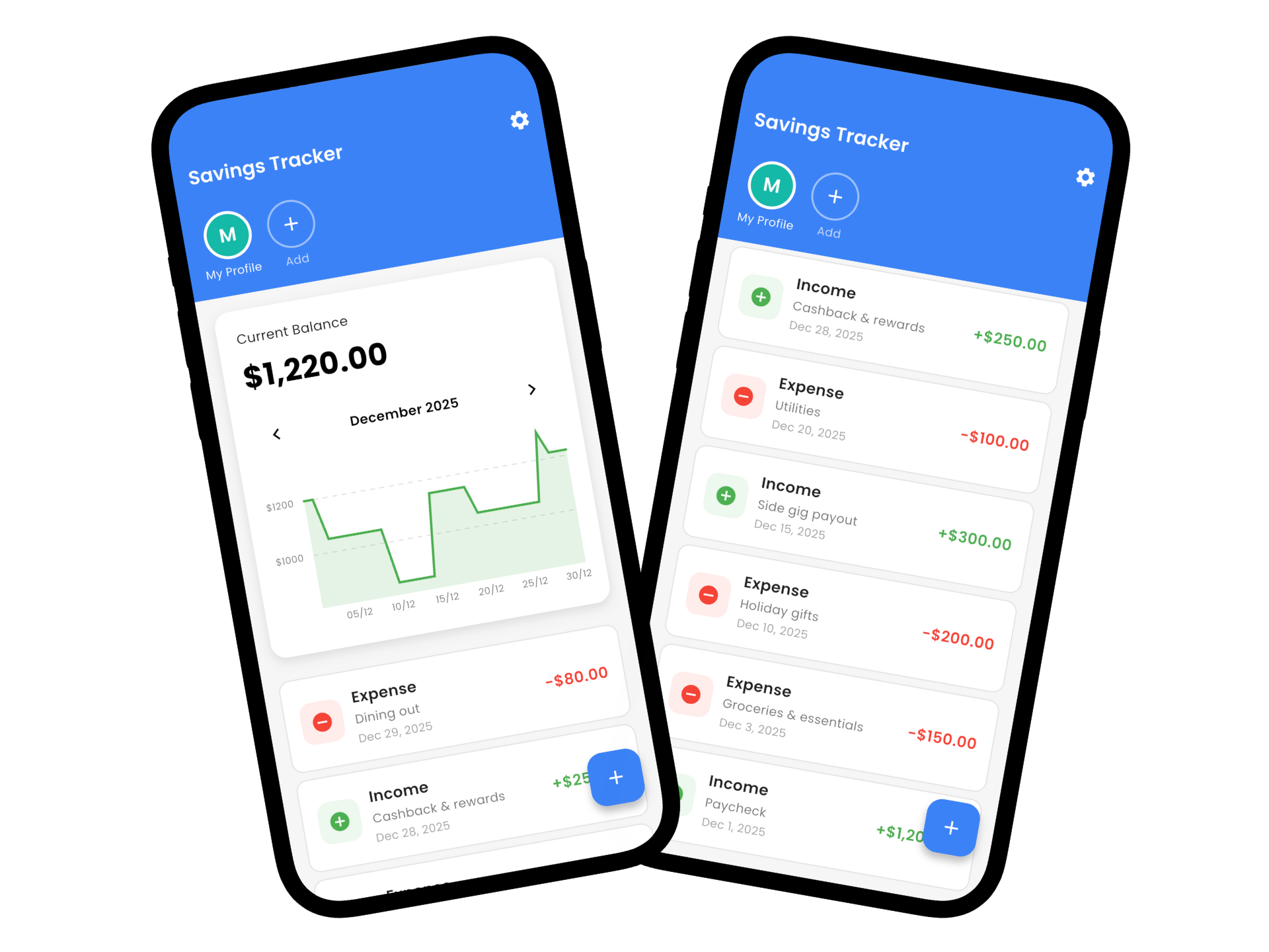 Savings Tracker app interface showing balance, income, and expense tracking